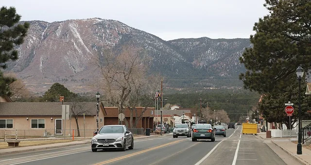 A view along 2nd Street in Monument, Colorado . The view is towards the west and Mount Herman.