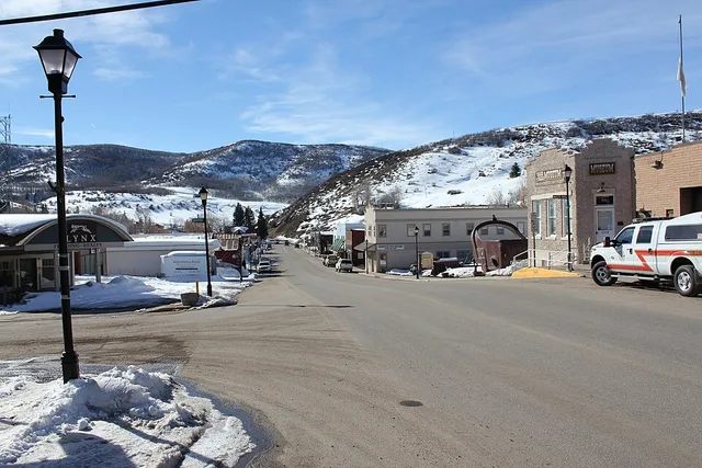 Main Street in Oak Creek, Routt County, Colorado.