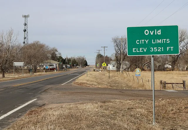 Ovid, Colorado . The view is to the west along U.S. Route 138, which is Saunders Avenue in Ovid.