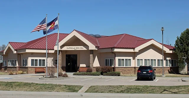 The Platteville, Colorado Town Hall, located at 400 Grand Avenue in Platteville, Colorado.