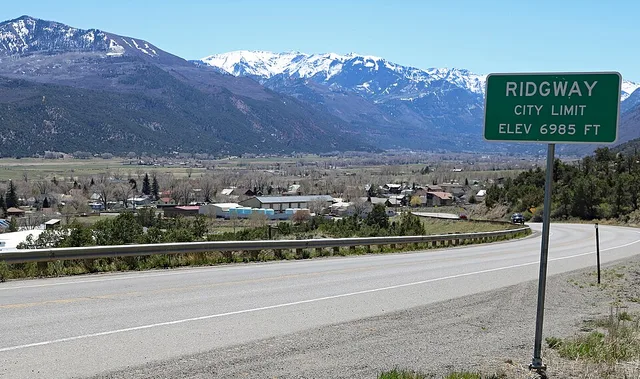 A view of Ridgway, Colorado from Colorado State Highway 62 above the town.