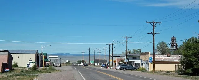 The town of Romeo, Colorado. The view is looking west on Main Street, which is also Colorado State Highway 142.