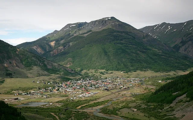 The town of Silverton, Colorado , USA as seen from U.S. Route 550 .