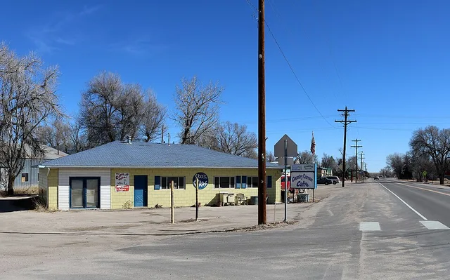 A view of part of Simla, Colorado , in Elbert County. The view is to the east along U.S. Route 24, from its intersection with Sioux Avenue in Simla. The Country Corner Cafe appear...