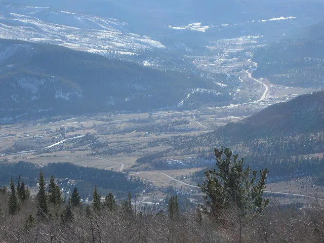 This is the town of South Fork, Colorado, as viewed from the summit of Agua Ramon Mountain. This photo is looking southwest. November 2011.