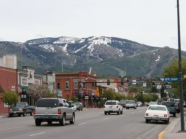 Downtown Steamboat Springs at the end of May; the mountain has still large patches of snow; original title: "Downtown Steamboat Springs", original description: "There's still snow...