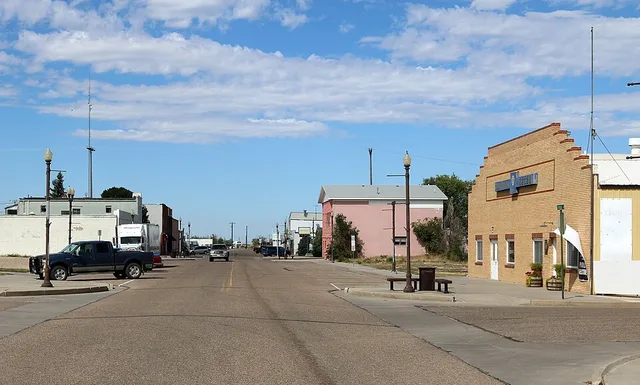 A view of the business district of Stratton, Colorado . The view is to the north along Colorado Avenue from just south of 2nd Street.