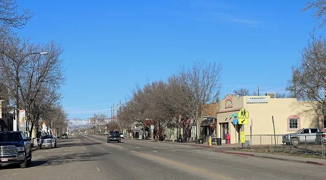 A view of Cleveland Avenue in Wellington, Colorado. The view is looking towards the west.