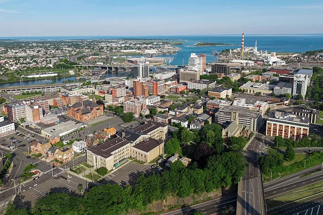 Aerial view of downtown Bridgeport, Connecticut, the 5th-most populous city in New England (pop. 148,654).