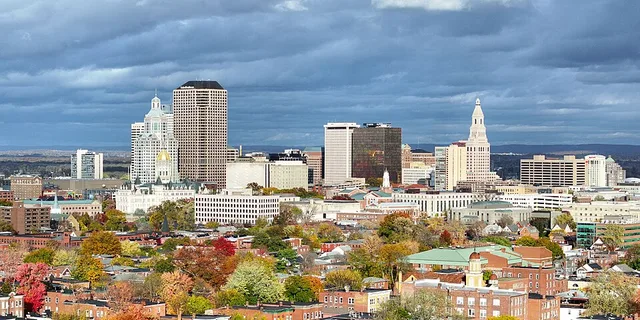 The skyline of Hartford, Connecticut's capital city with a population of 121,000. Taken on October 31, 2025