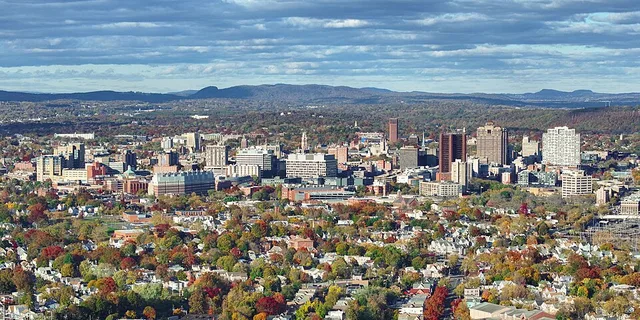 The skyline of New Haven, Connecticut. It's home to 135,000 residents and Yale University, the city's biggest taxpayer and employer