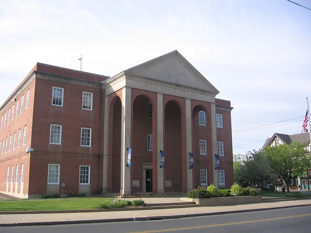 The City Hall of West Haven, Connecticut along Main Street across from the Green. Looking north from the edge of the Green.