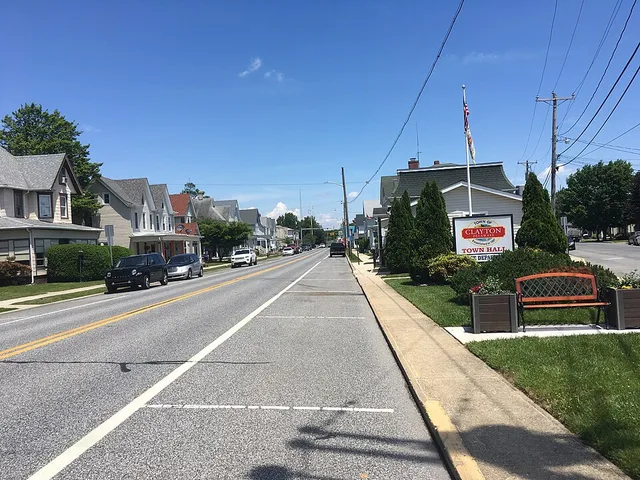 Eastbound Delaware Route 6 (Main Street) past the intersection with Smyrna Avenue in Clayton, Delaware