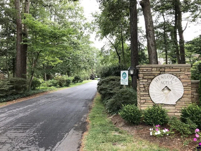 View northwest along Dodd's Lane at the entrance to Henlopen Acres in Sussex County, Delaware