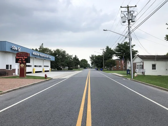 View north along Broad Street at Railroad Avenue in Houston, Kent County, Delaware