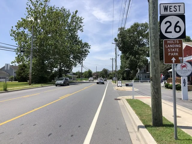 View west along Delaware State Route 26 (Atlantic Avenue) just west of Old Mill Road in Millville, Sussex County, Delaware