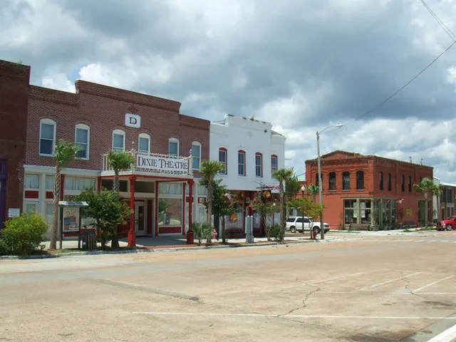 A street in Apalachicola showing the Dixie Theatre, Apalachicola, Florida, USA