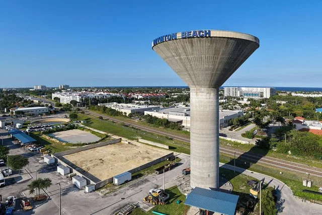 Aerial view of the Boynton Beach water tower at the East Water Treatment Plant.