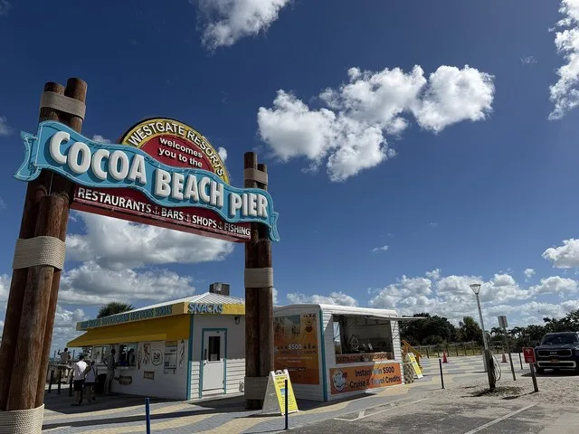 Entrance sign for the Cocoa Beach Pier in Cocoa Beach, Florida