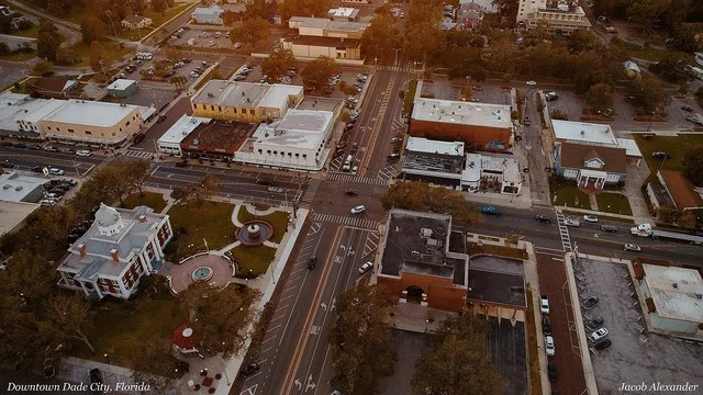 An aerial perspective of historic downtown Dade City, Florida.