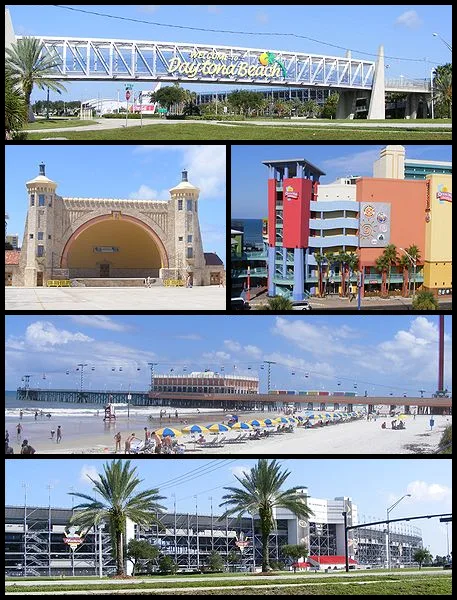 Montage of Daytona Beach, Florida, photos for infobox. From top, left to right: Welcome sign when entering Daytona Beach; Daytona Beach Bandshell; Ocean Walk Shoppes; Daytona Beac...