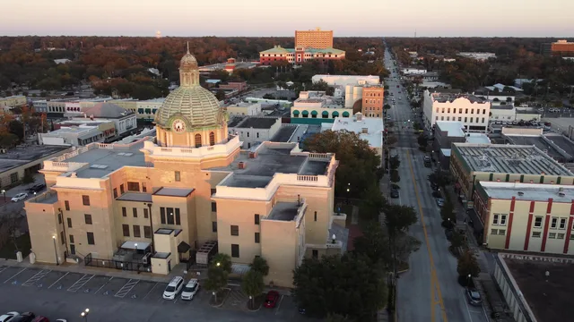 Downtown DeLand looking east from the historic courthouse. Captured by drone.