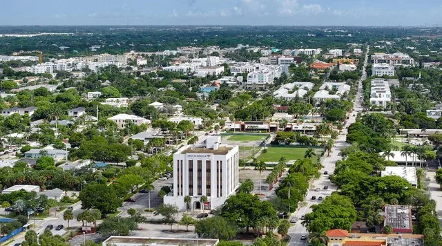 Aerial view of downtown Delray Beach, Florida, looking north at Federal Highway (US-1).