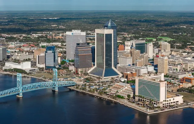 Downtown Jacksonville, Florida skyline and the Main Street Bridge viewed from above the St. Johns River