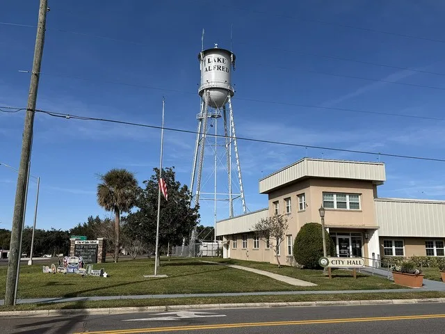 Lake Alfred City Hall and the Lake Alfred water tower in Lake Alfred, Florida.