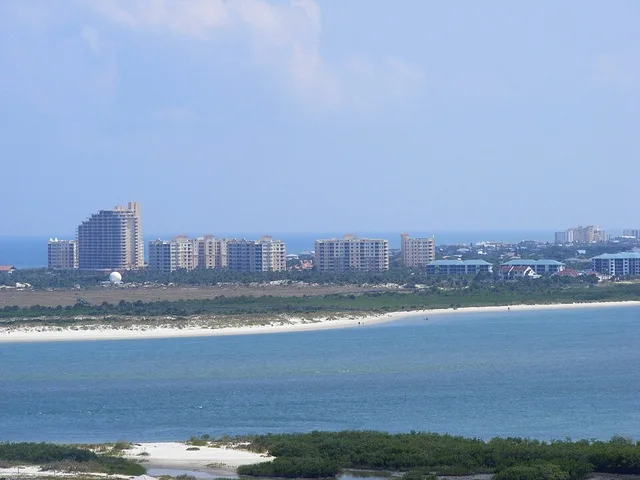 Aerial view of New Smyrna Beach, Florida, from the observation deck, top of the Ponce de Leon Lighthouse from across Ponce Inlet. (maximum zoom)