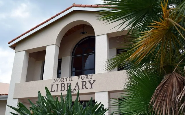 A side view of the North Port Public Library in North Port, Sarasota County, FL.