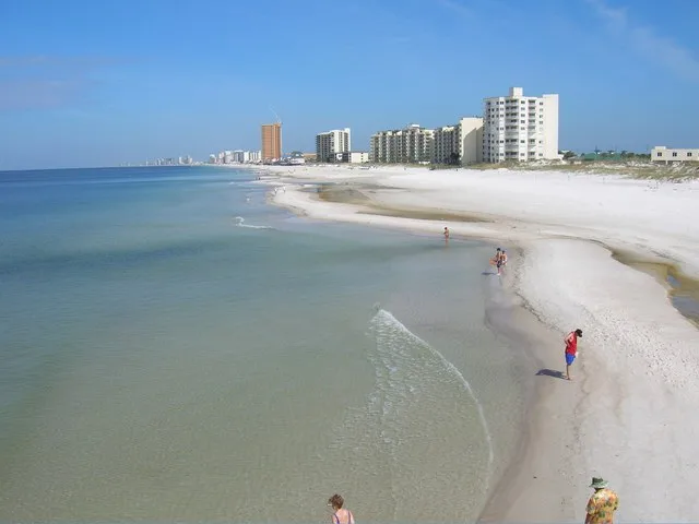 This is a clear west facing view of Panama City Beach in the state of Florida, USA. It was taken from the viewpoint of St. Andrews pier. This photo was taken by j.s. clark or Cred...