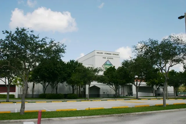 The front side of Marjory Stoneman Douglas High School , located in Parkland, Florida .