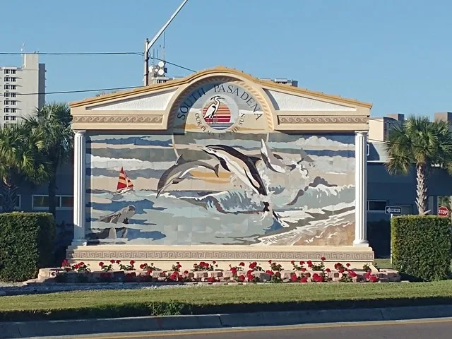 A roadside sign bearing the logo of South Pasadena, Florida