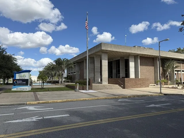 Titusville City Hall and sign for Florida’s Space Coast, Titusville, Florida