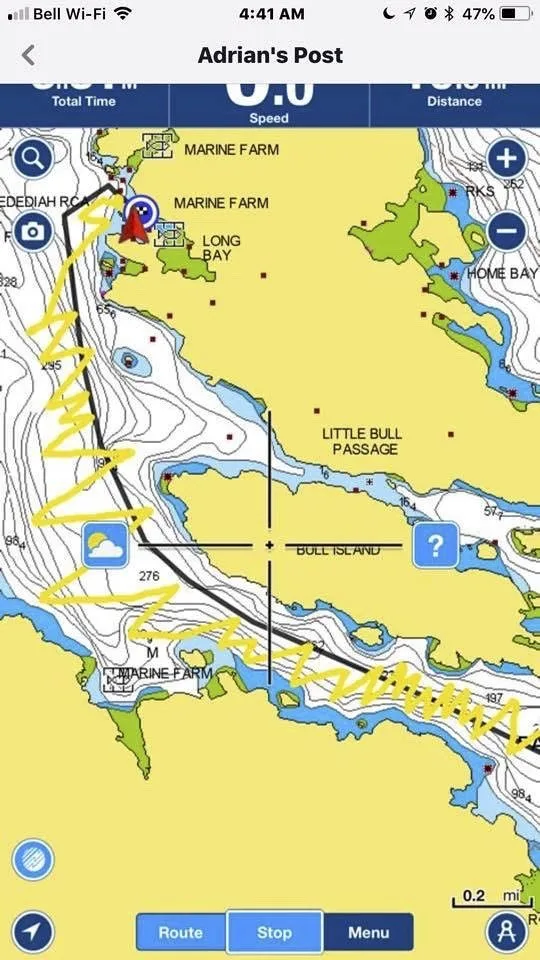 fighting current up Bull Passage, crossing tacks with RED URCHIN (Adrian recorded this track of their 17' Pathfinder)
