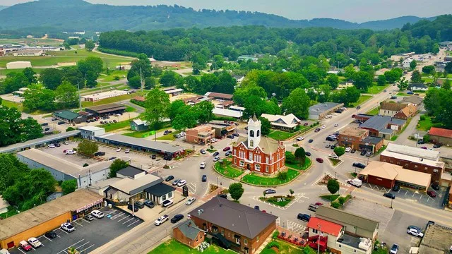 Aerial of downtown Blairsville, Georgia, and the Old Union County Courthouse