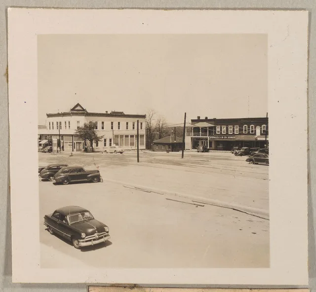 A photograph of a city business district, Clarkesville, Habersham County, Georgia, 1953.