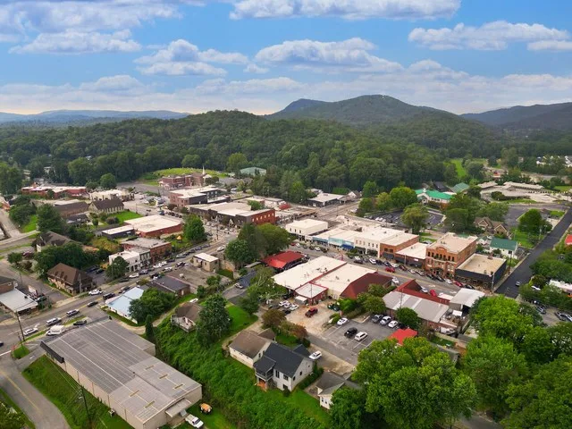 Aerial of downtown Clayton, Georgia, in Rabun County