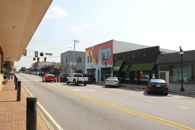 Downtown College Park, GA. Taken from the College Park Train Depot, looking down Main St toward Harvard Ave.
