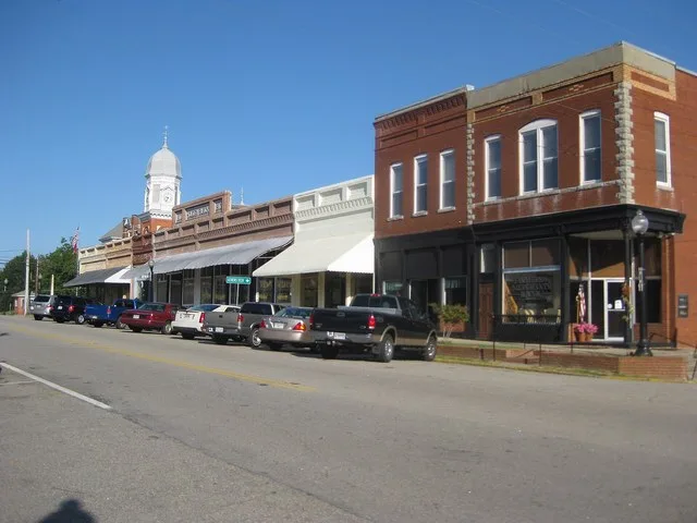Buildings along Broad Street (U.S. Highway 278) in downtown Crawfordville, Georgia, upon which is centered the Crawfordville Historic District, a U.S. Historic District added to t...