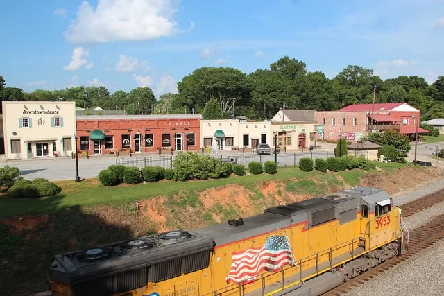 Downtown Hiram Georgia, viewed from a bridge