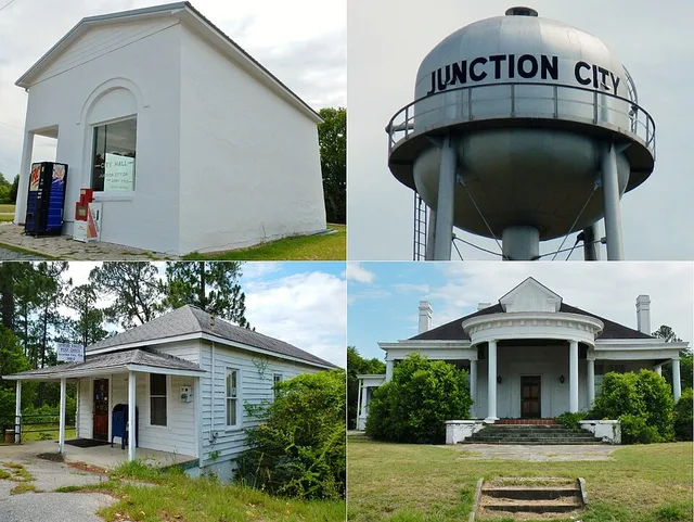 This is a photo collage of Junction City, GA. Clockwise from top right: Water tower, historic building, post office, and city hall.