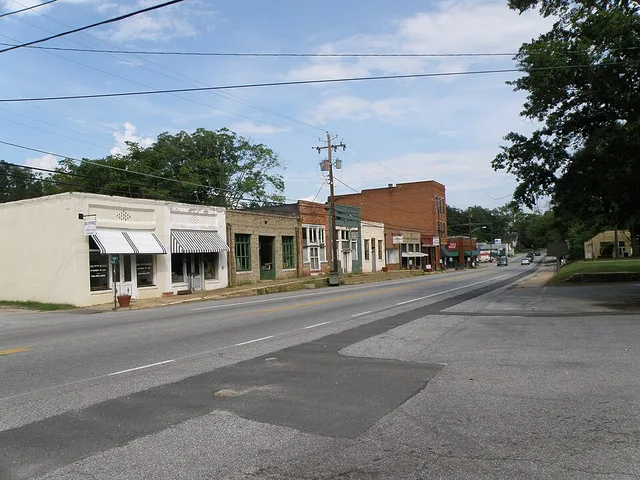 An image of the main street in w:Lexington, Georgia . This photo was taken standing west of the court house looking across the street towards the right.