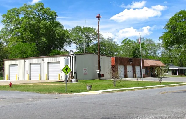 City Hall in Lyerly, Georgia, United States. The Lyerly Volunteer Fire Department occupies the building on the left.