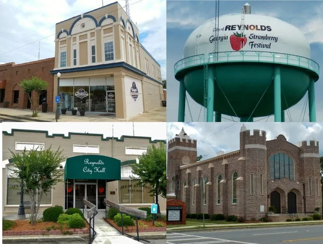 This is a photo collage of Reynolds, GA. Clockwise from top right: Water tower, Reynolds Methodist Church, Reynolds City Hall, Knight's Pharmacy.