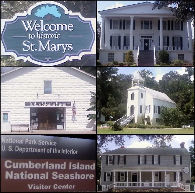 Montage of St Marys GA images - Orange Hall circa 1830, First Presbyterian Church circa 1808, Jackson-Clark-Bessent-MacDonell-Nesbitt House circa 1801, Cumberland Island National...
