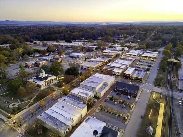 Downtown Toccoa, Georgia, in Stephens County, aerial view