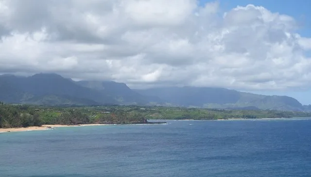 A photo of Princeville, Kaua'i, Hawai'i taken from Kilauea Point National Wildlife Refuge.