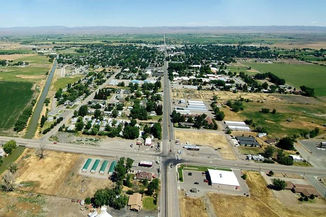An aerial view of Gooding, Idaho, from the South. The road in the middle of the photo is Highway 46. This was shot from a Cessna P206. Processing notes : This photo was slightly r...